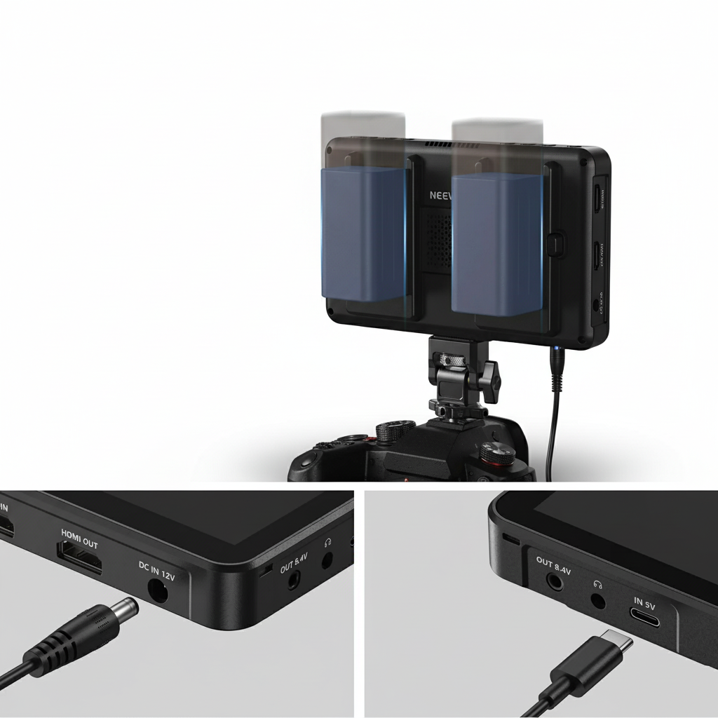 Field monitor with multiple ports,  connectors and batteries on a white background