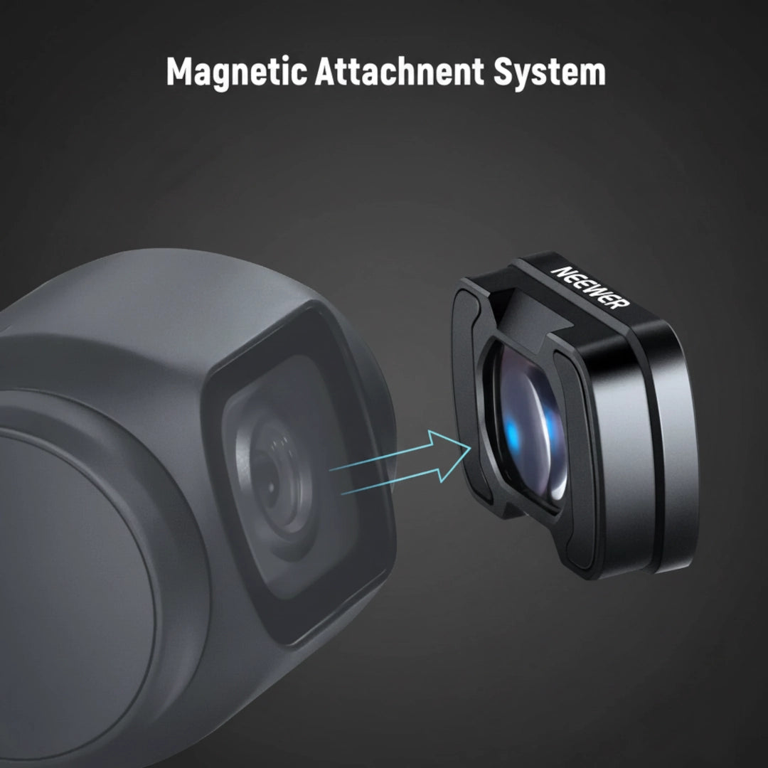 DJI Osmo Pocket 3 lens with magnetic attachment system on a dark background