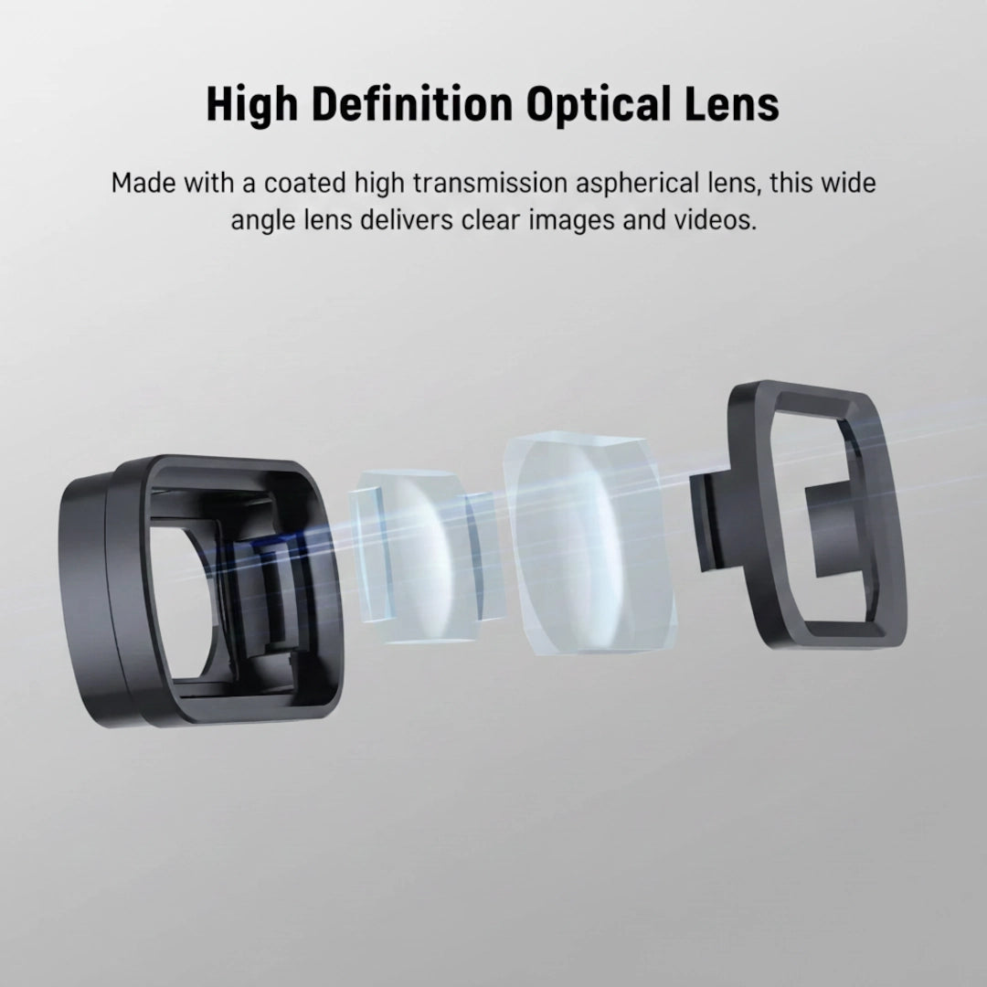 High definition optical DJI Osmo Pocket 3 lens with a gray background and text describing its features.