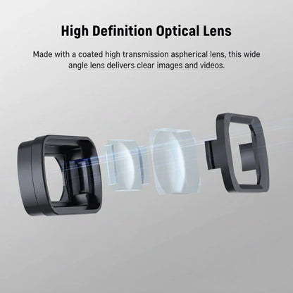 High definition optical DJI Osmo Pocket 3 lens with a gray background and text describing its features.
