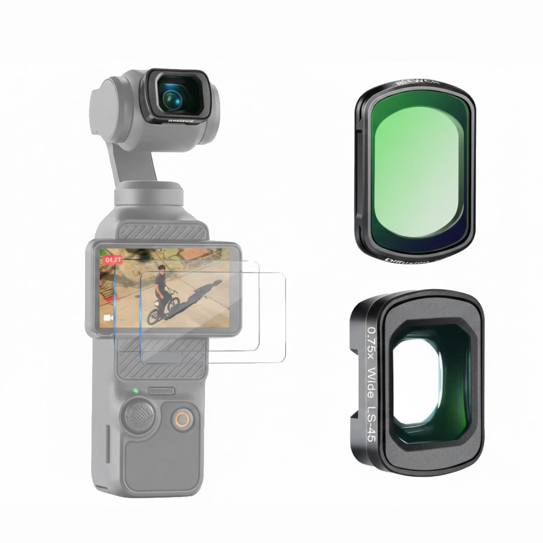 DJI Osmo Pocket 3 with lens filters and screen protector on a white background