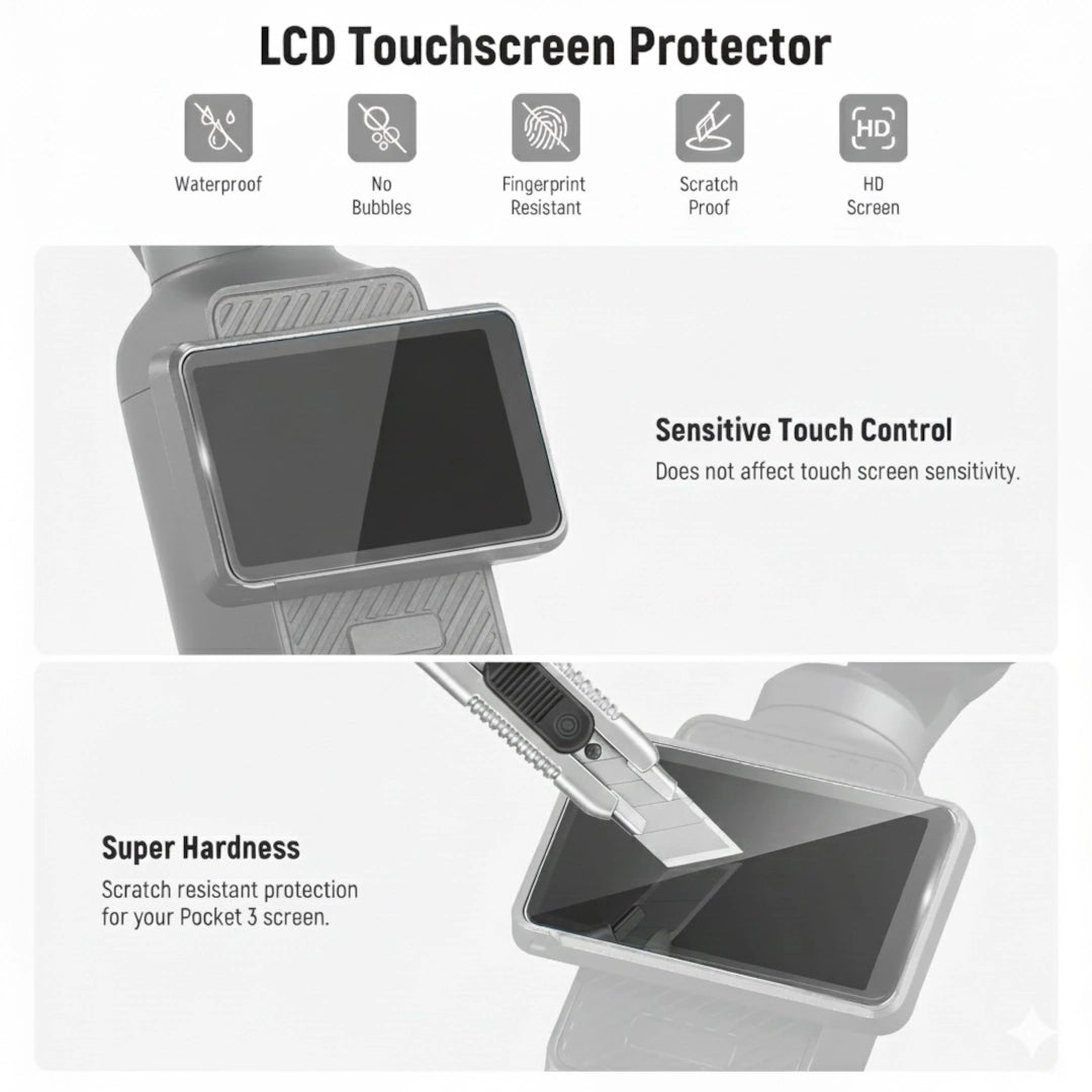 DJI Osmo Pocket 3 LCD Touchscreen Protector with features listed on a white background