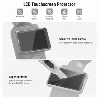 DJI Osmo Pocket 3 LCD Touchscreen Protector with features listed on a white background
