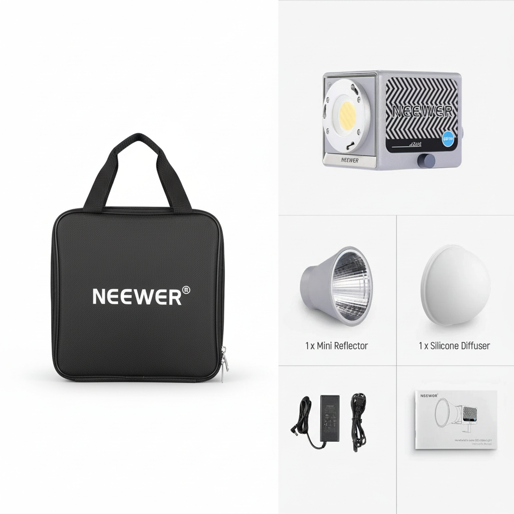 Neewer photography light kit with carrying case, light, reflector, and diffuser on a white background.