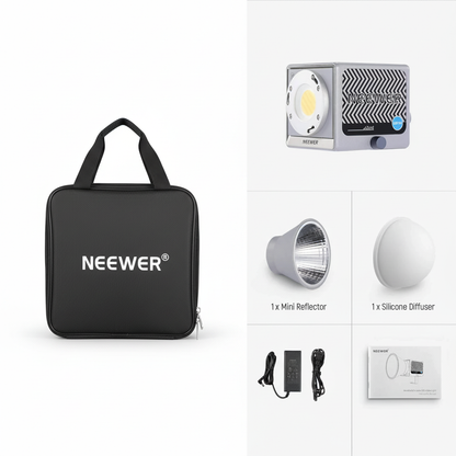 Neewer photography light kit with carrying case, light, reflector, and diffuser on a white background.
