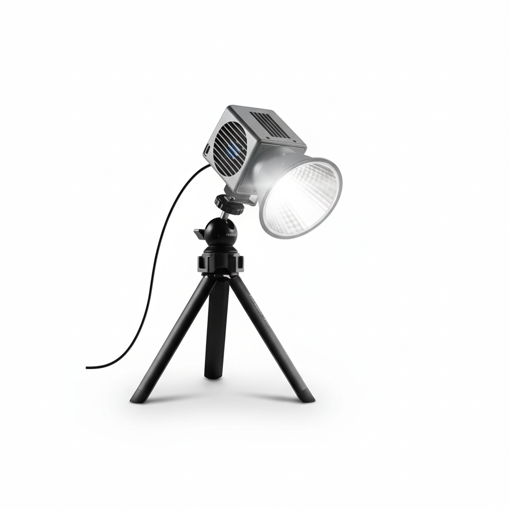 Portable LED light with a tripod stand on a white background