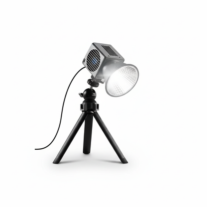 Portable LED light with a tripod stand on a white background