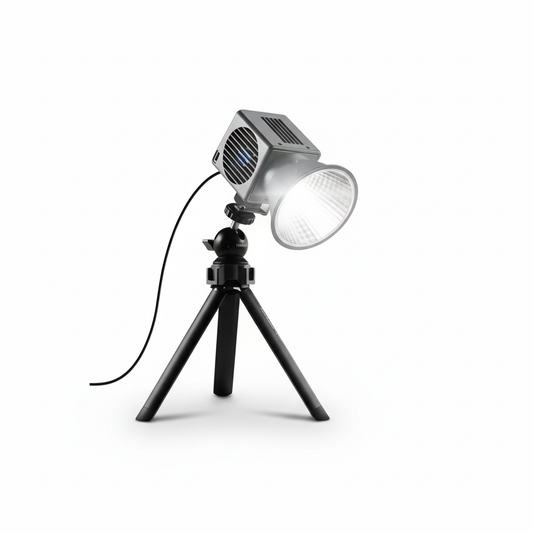 Portable LED light with a tripod stand on a white background