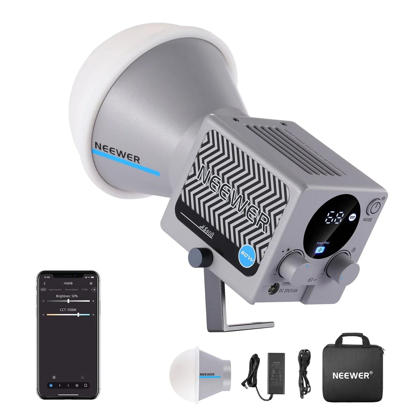 HS60B 60W Bi-Color Mini COB LED Video Light - REALM DISTRIBUTION