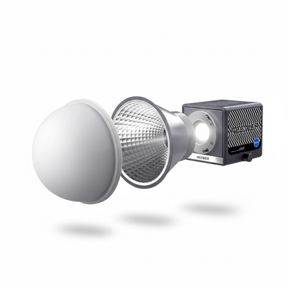 LED Light with a metallic fixture on a white background