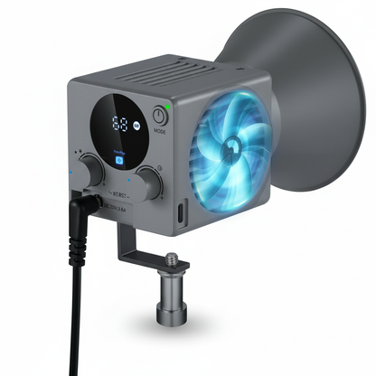 LED light with a fan on a white background