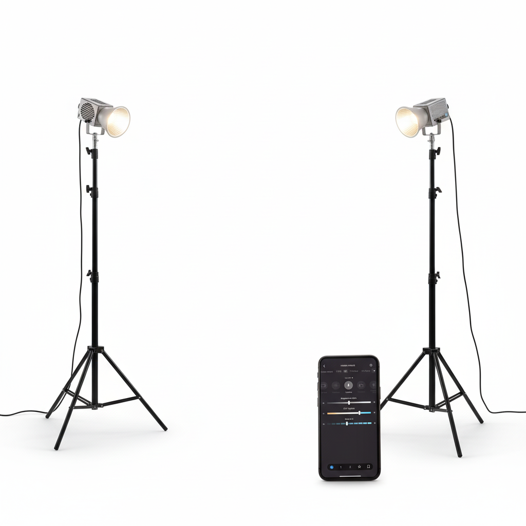 Two studio lights on stands with a smartphone displaying control app on a white background