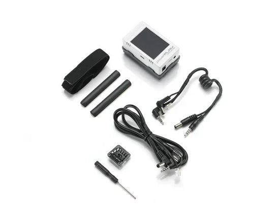 ImmersionRC PowerPlay DVR accessory kit contents: strap, foam grips, screwdriver, connector board, and cables