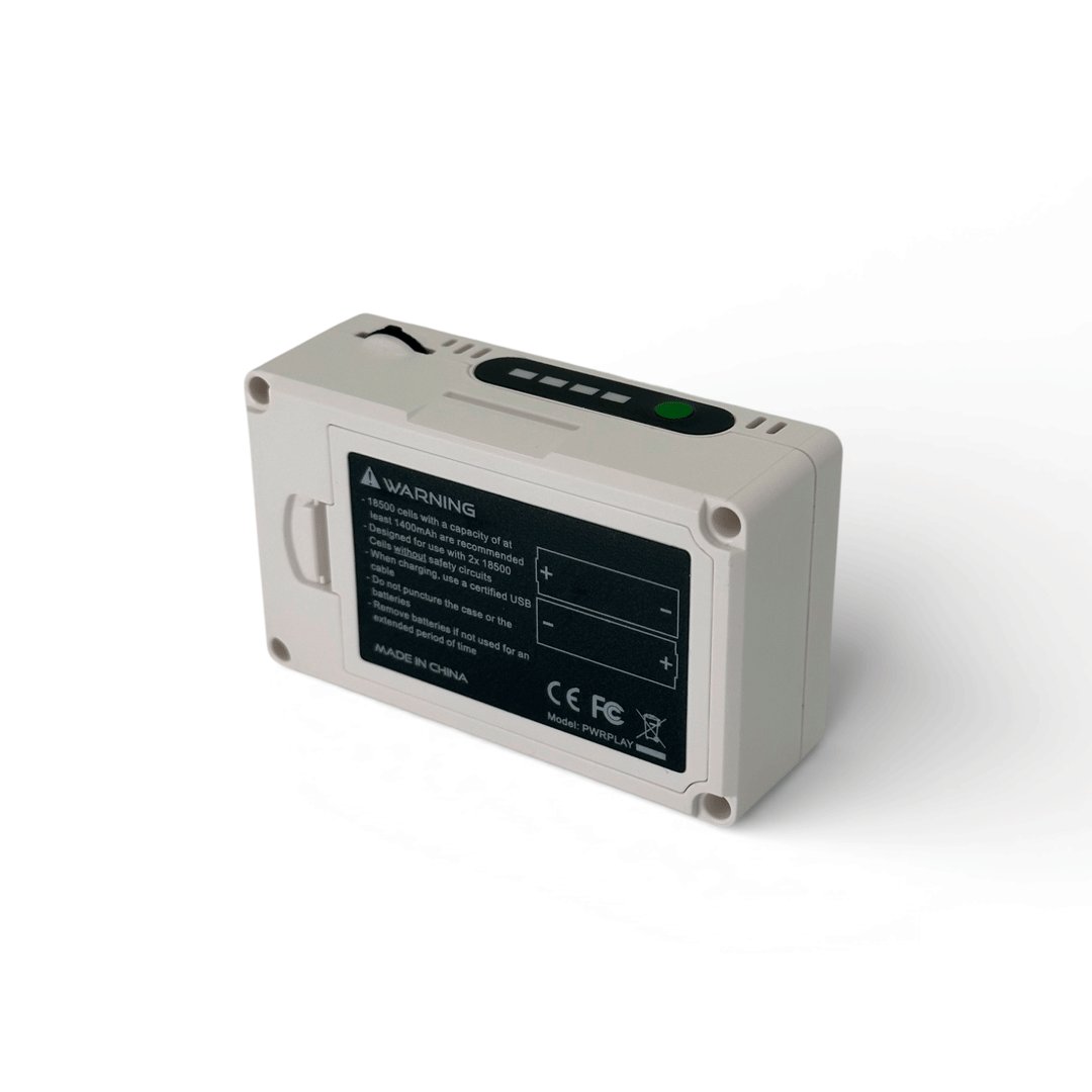 ImmersionRC PowerPlay DVR battery compartment door, showing the warning label for 2x 18500 Li-ion cells