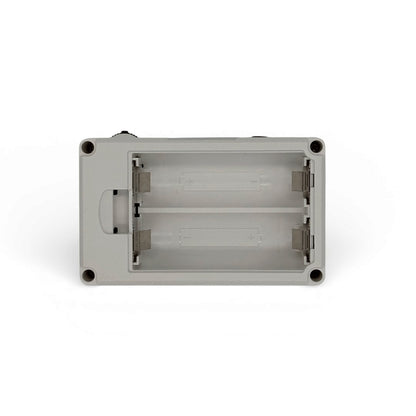 ImmersionRC PowerPlay DVR with the battery compartment open, showing the empty 2x 18500 battery slots, batteries not included with this listing