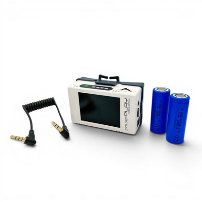 ImmersionRC PowerPlay DVR with the 3.5mm camcorder A/V cable and two 18500 Li-ion batteries included in this kit