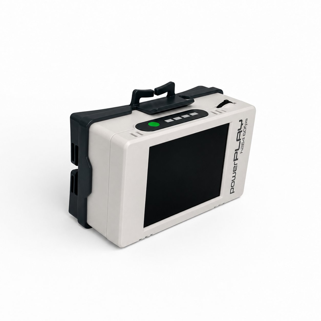ImmersionRC PowerPlay DVR, angled view showing the mounting clip and carry handle