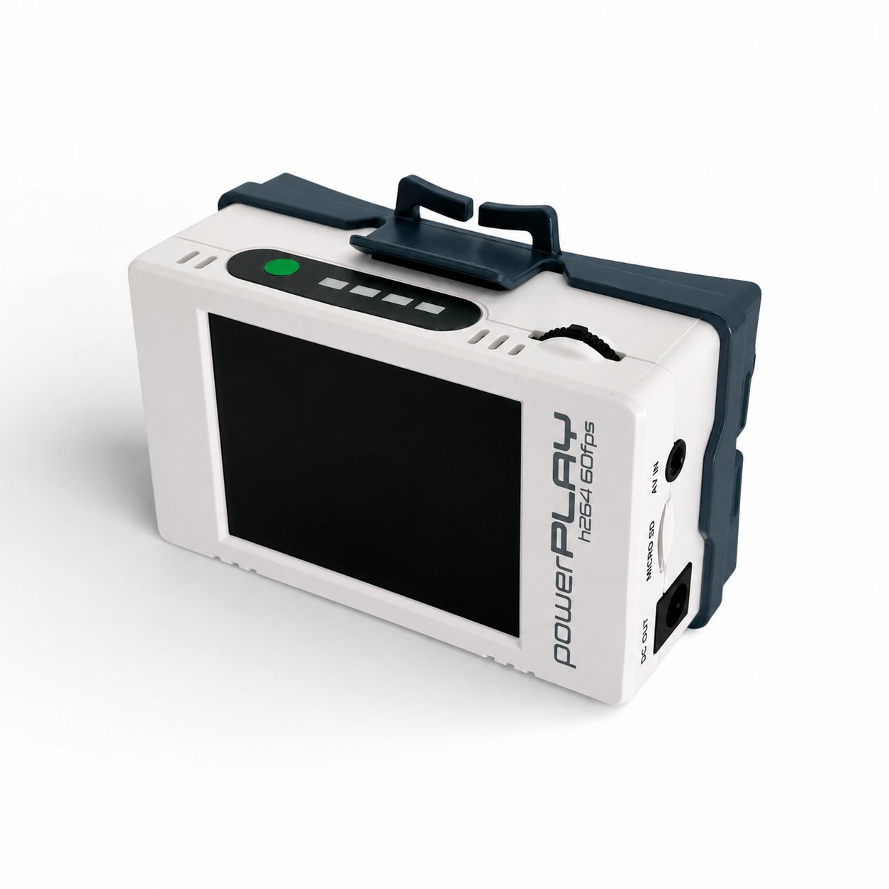 ImmersionRC PowerPlay DVR, angled view showing the color screen and AV IN, Micro SD, and DC OUT ports